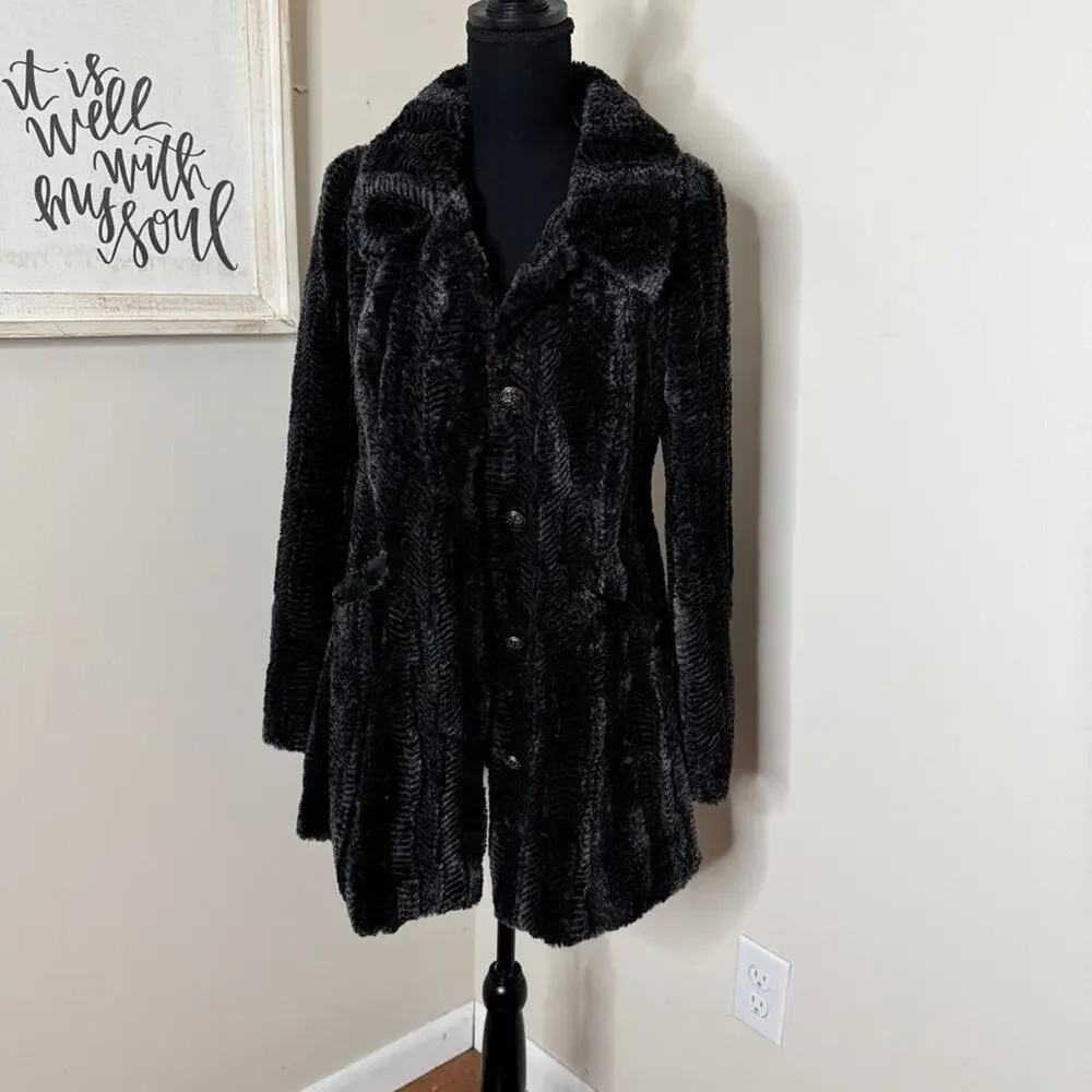 Free People Faux Fur Herringbone Swing Pea Coat Gray Black Rare Size 4